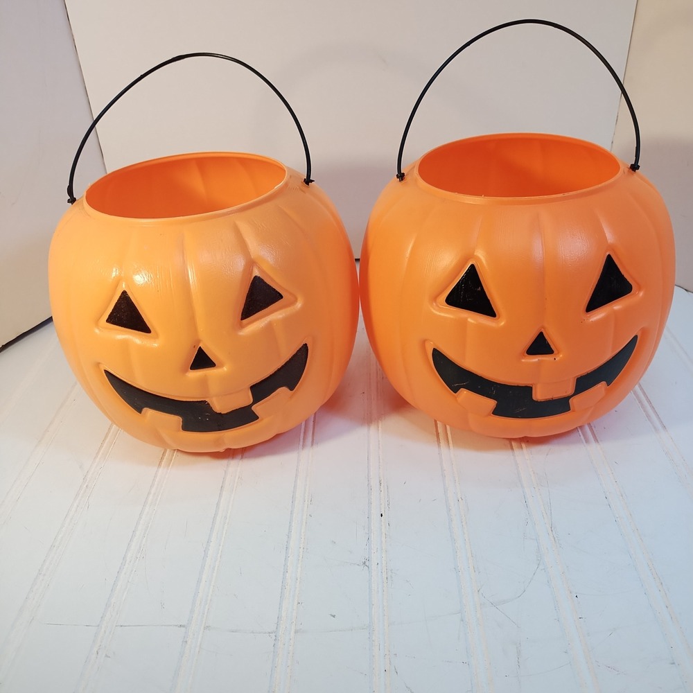 Amloid Pumpkin Pail Set of 2 Trick or Treat 8" Buckets Jack O Lantern Orange